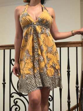 Crystal Candy 100% Cotton Yellow and Brown Star Pattern Halter Mini Dress
